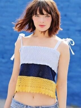 WOMEN'S ZARA BLUE & YELLOW BOW TOP TANK TOP SHIRT BLOUSE SZ M $36